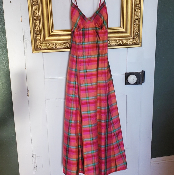 ❤HP❤ Isaac Mizrahi Fuchsia Orange Plaid Midi Silk Dress !🏵HP🏵! - Picture 4 of 11